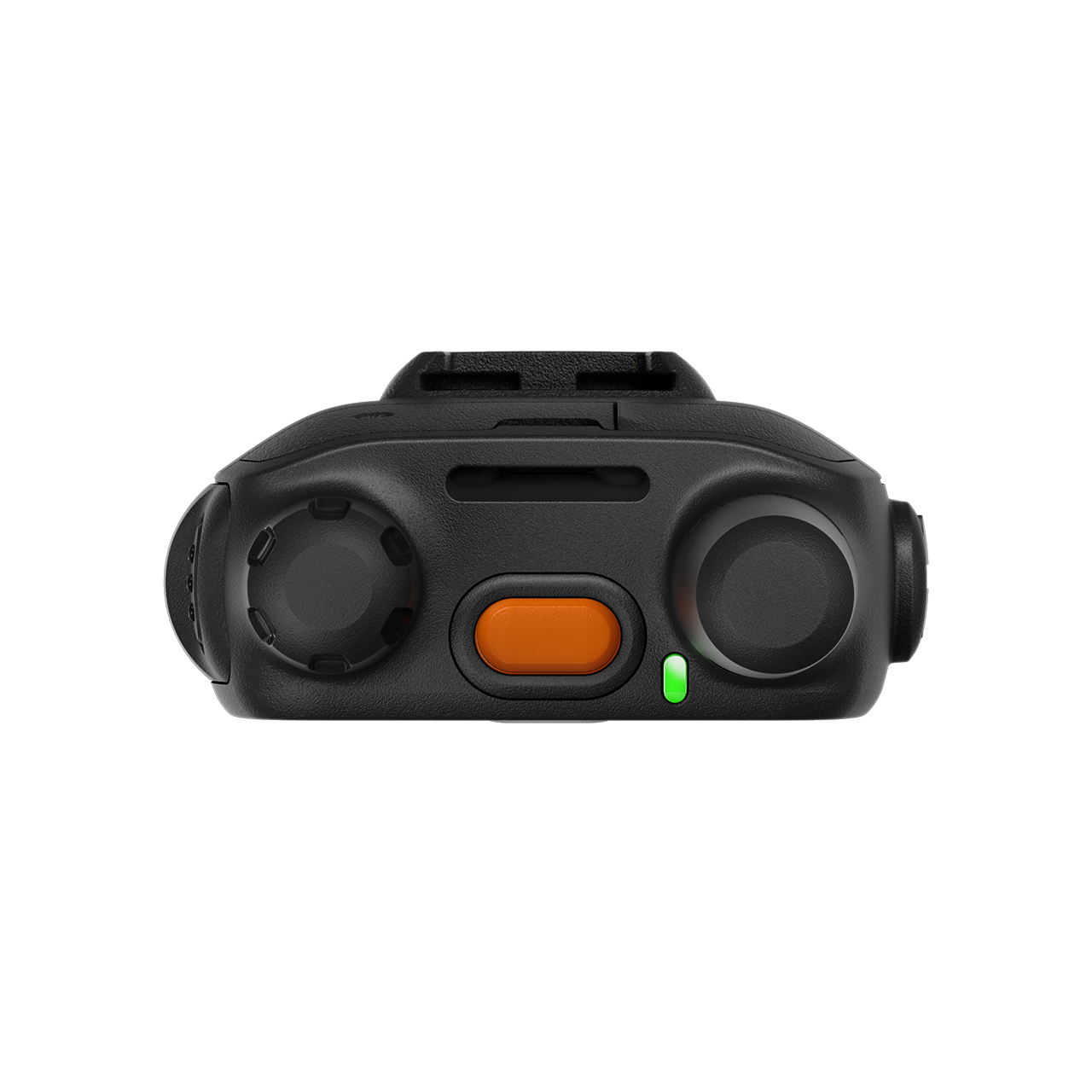 Front view of a black electronic device with an orange button and green light.