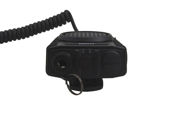 Zwart microfoon met kabel en aansluitpoorten.