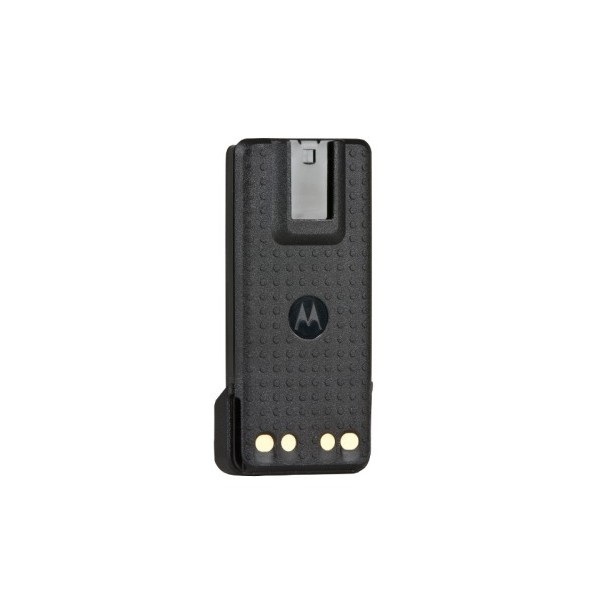 Black battery pack with metal contacts and logo in the center.