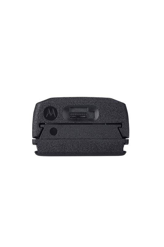 Black battery clip with logo and switch.