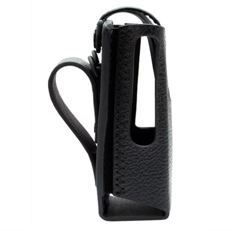 Étui en cuir noir avec design ouvert, sangle latérale.