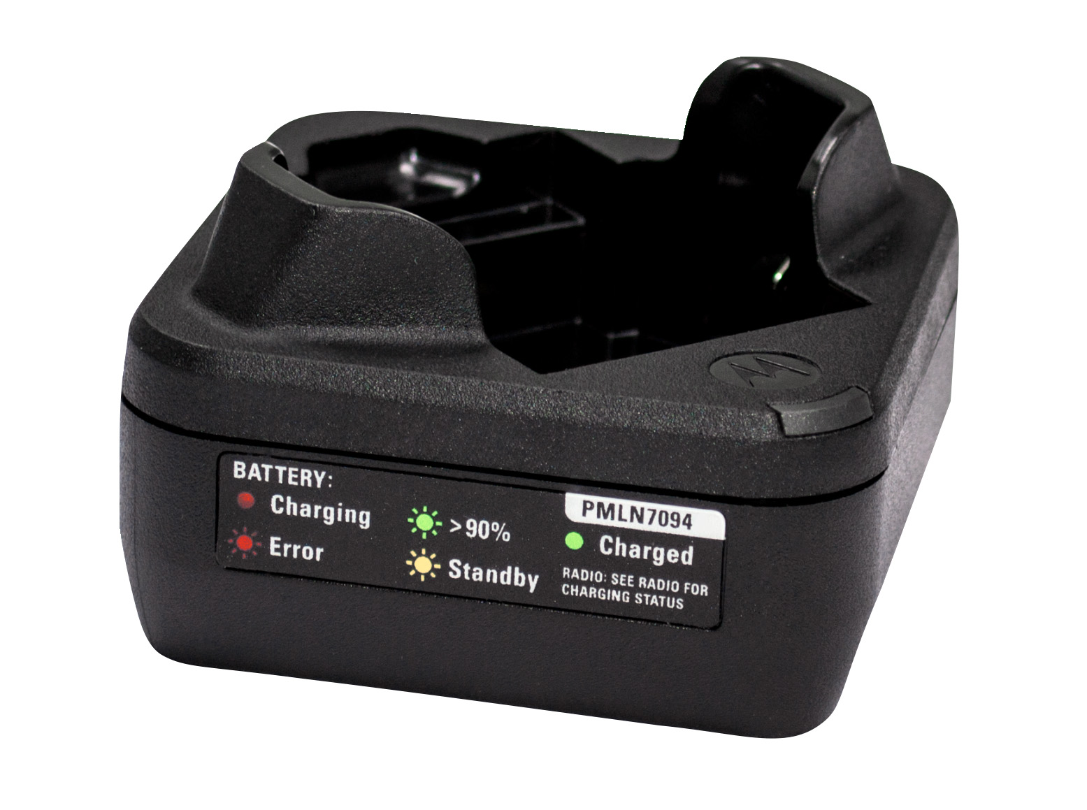 Zwarte lader met LED-indicatoren voor laadstatus en fouten.
