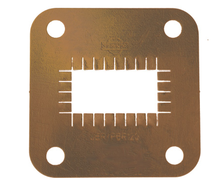 Square metal plate with rectangular cutout, holes at the corners.