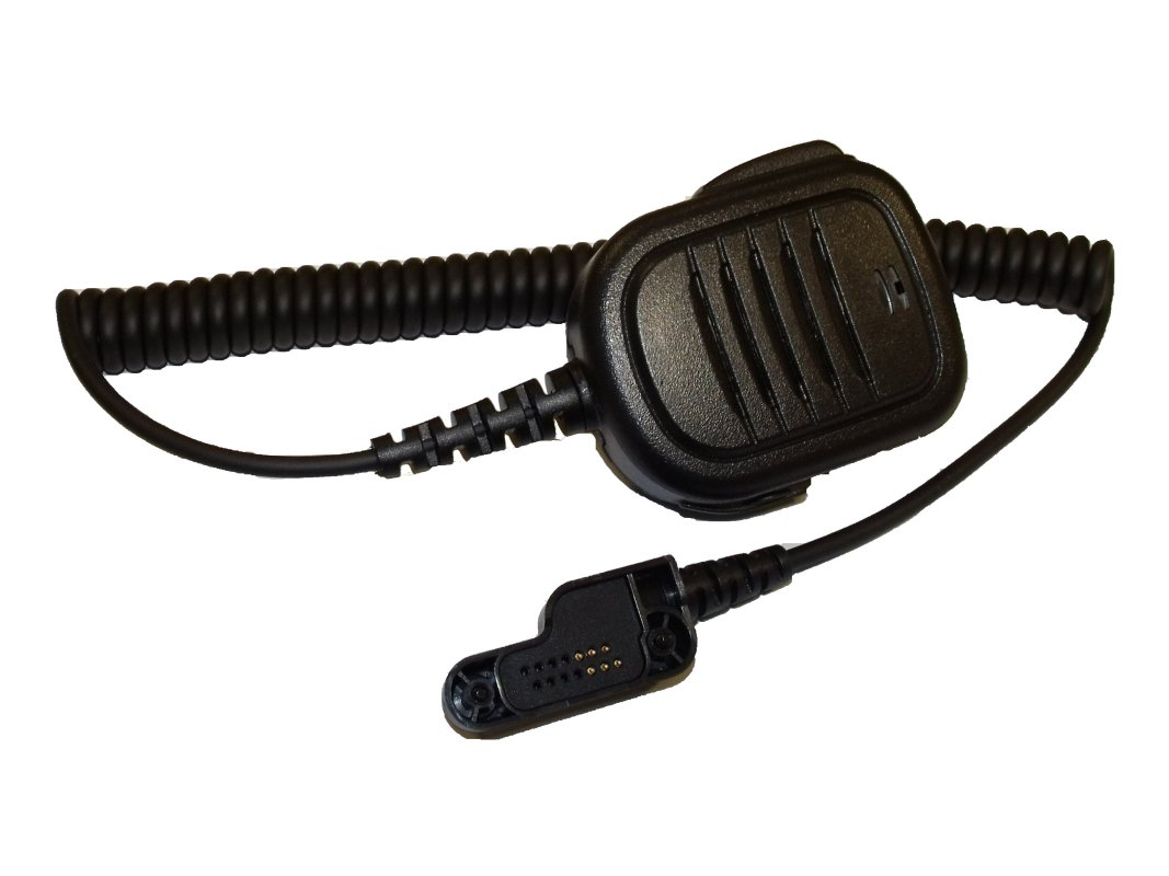 Black push-to-talk microphone with coiled cable and connector.