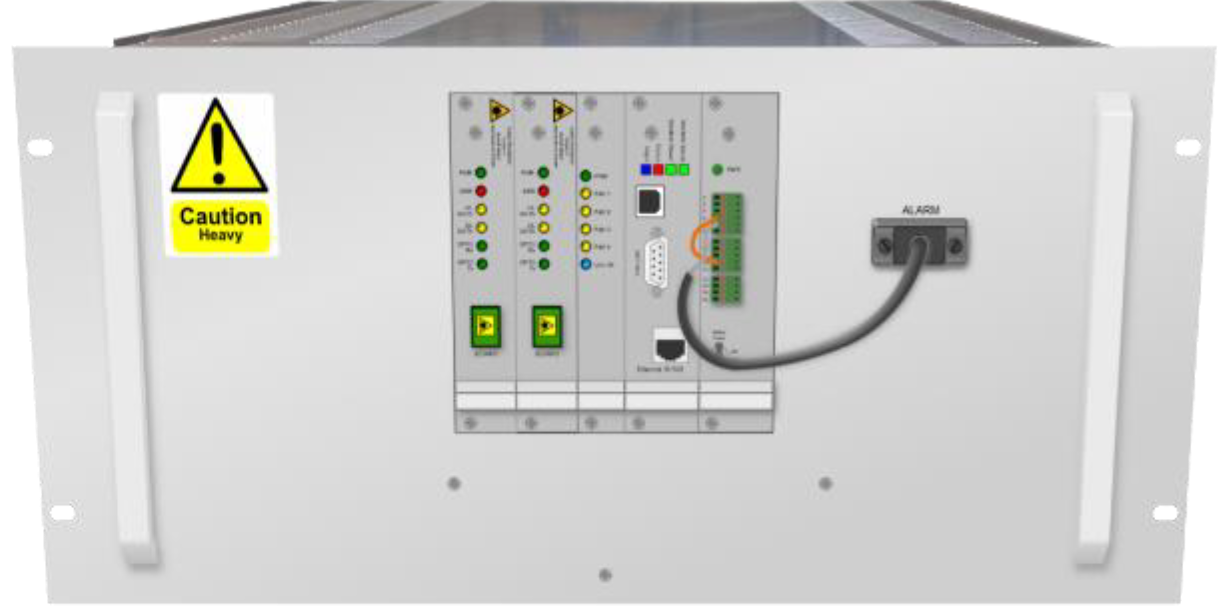 Panneau frontal avec commandes et étiquette d'avertissement lourd.