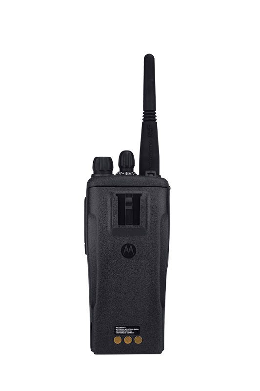 Black two-way radio with antenna and knobs.
