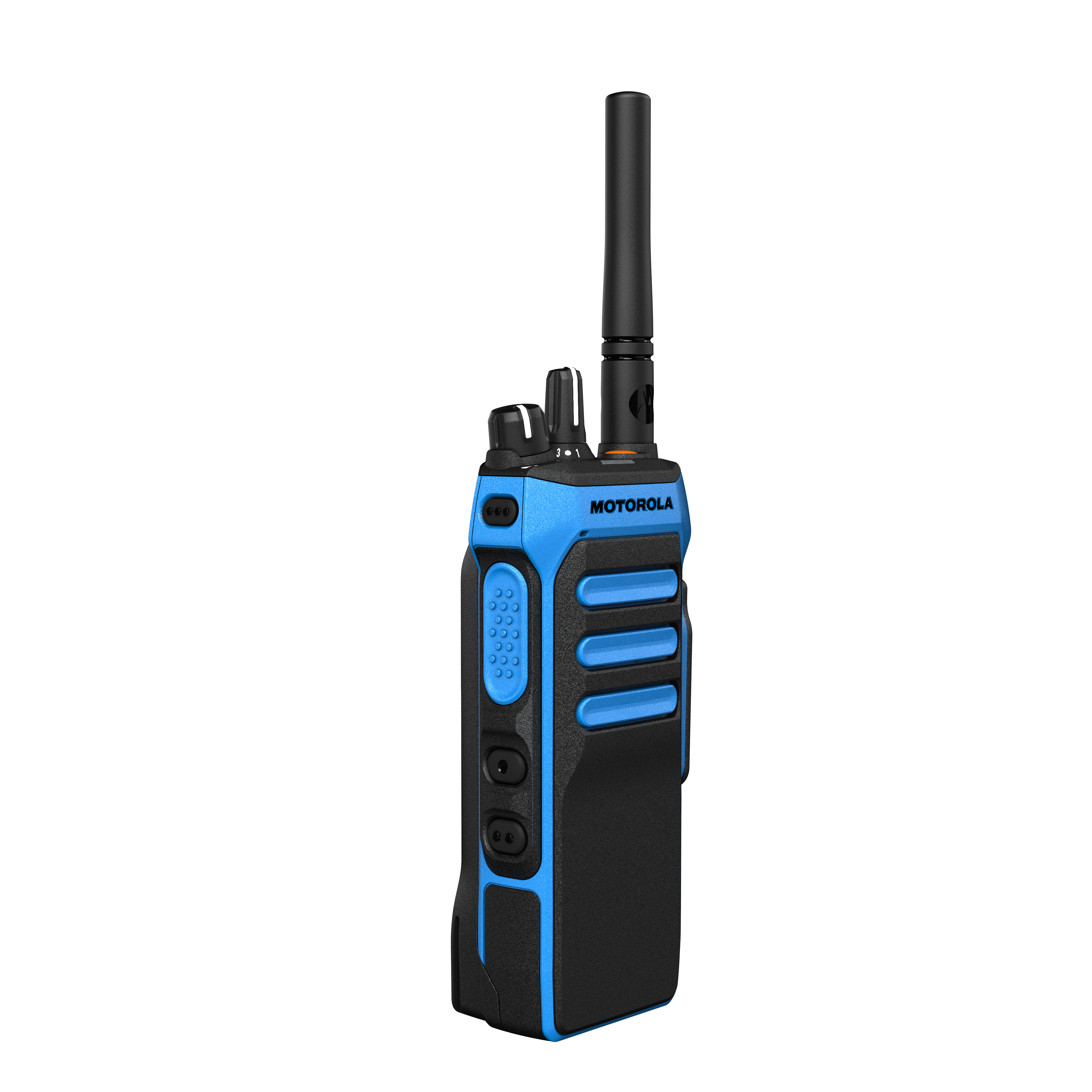 Talkie-walkie bleu-noir avec commandes et antenne.