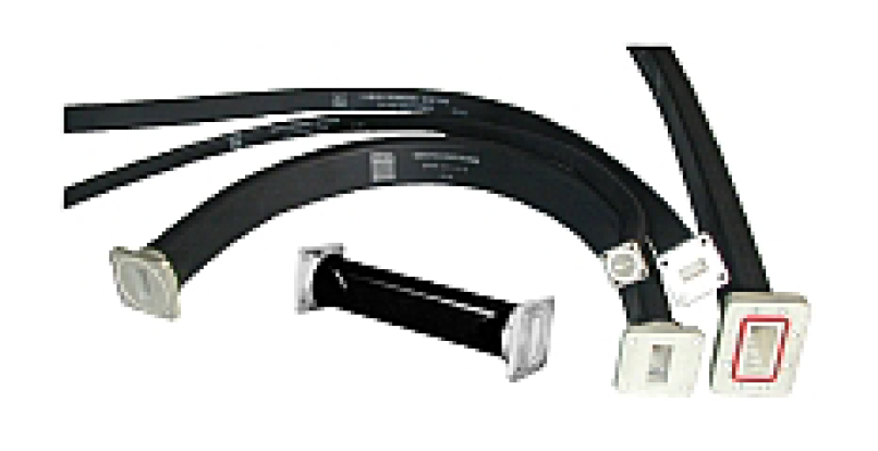 Black flexible industrial hoses with metal connectors.