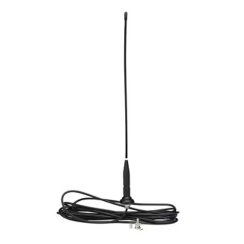 Black antenna with cable and magnetic base, suitable for radios.