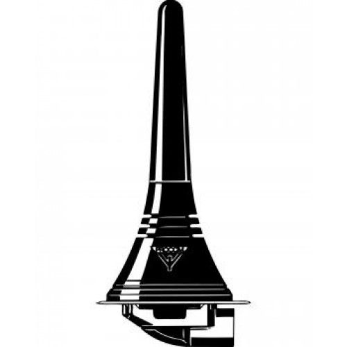 Zwart-wit afbeelding van een voertuigantenne met conisch ontwerp.