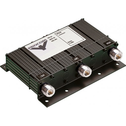 Zwarte RF-duplexer met drie aansluitingen en label bovenop.