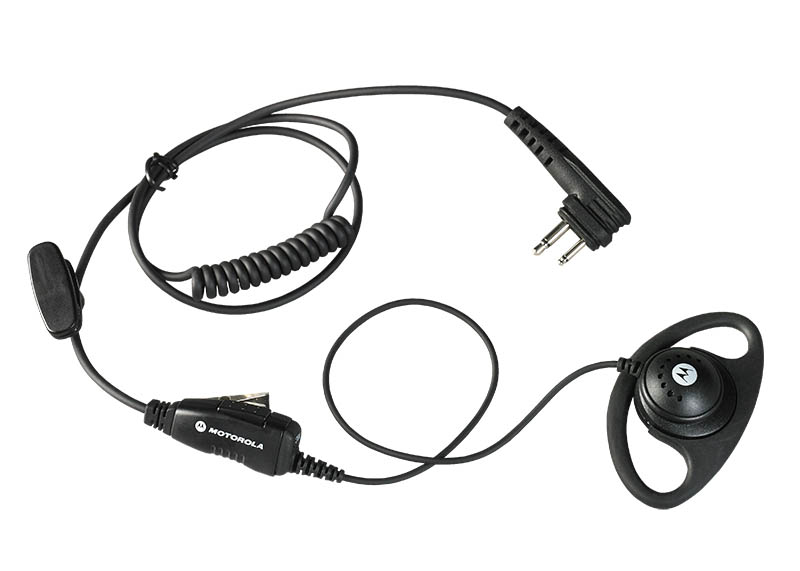Een oortje met dubbele pluggen en een spiraal microfoonkabel.
