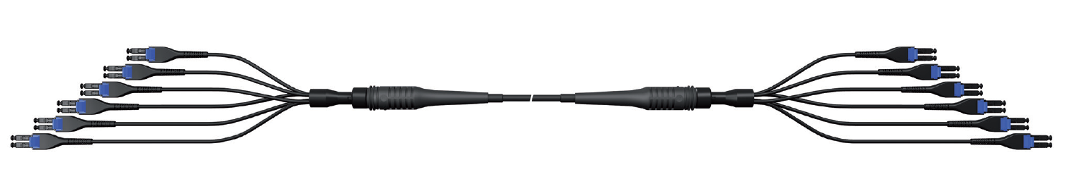 Zwarte kabel met meerdere blauwe connectors aan beide uiteinden.