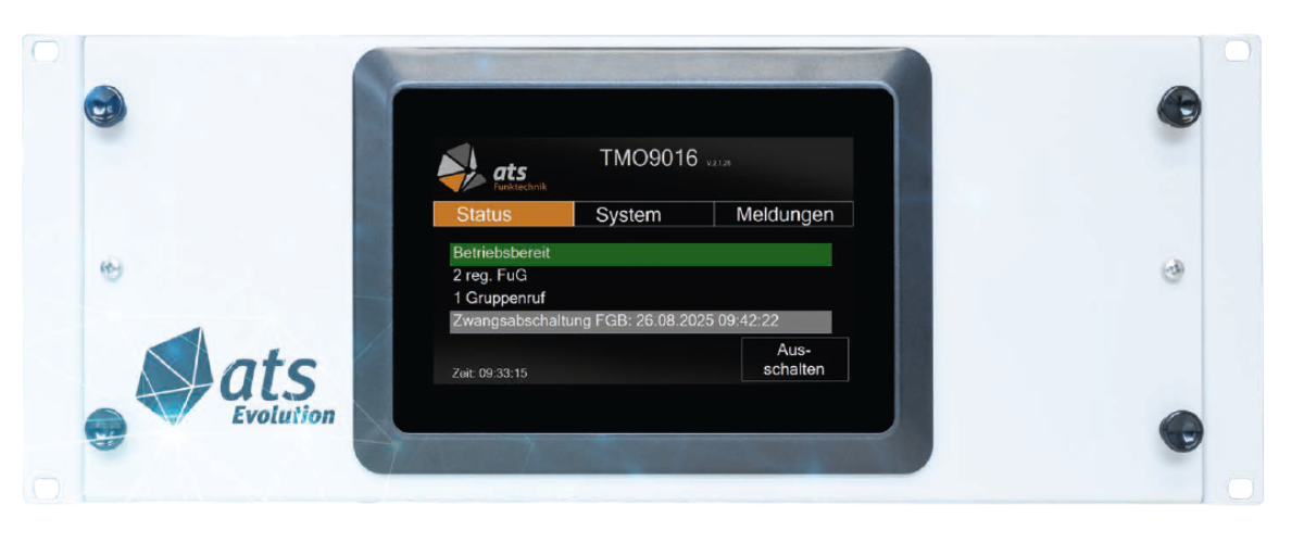 ATS TMOa V2 bundel als 230 VAC-versie Displayscherm met status 'Operationeel' en opties voor systeem en berichten.
