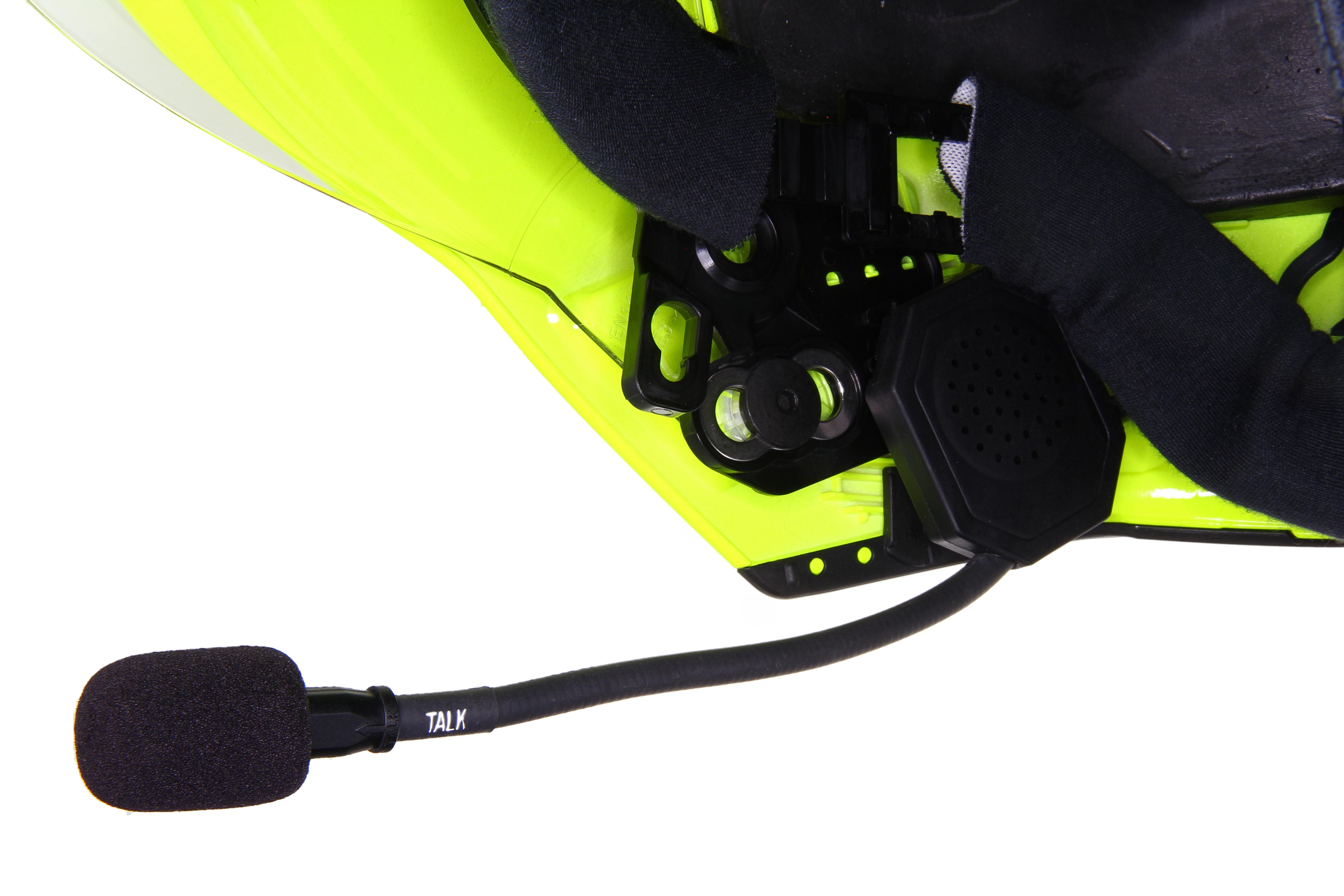 Close-up of microphone on yellow helmet with speakers and ear pads.