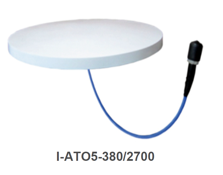 Ronde, witte antenne met blauwe kabel.