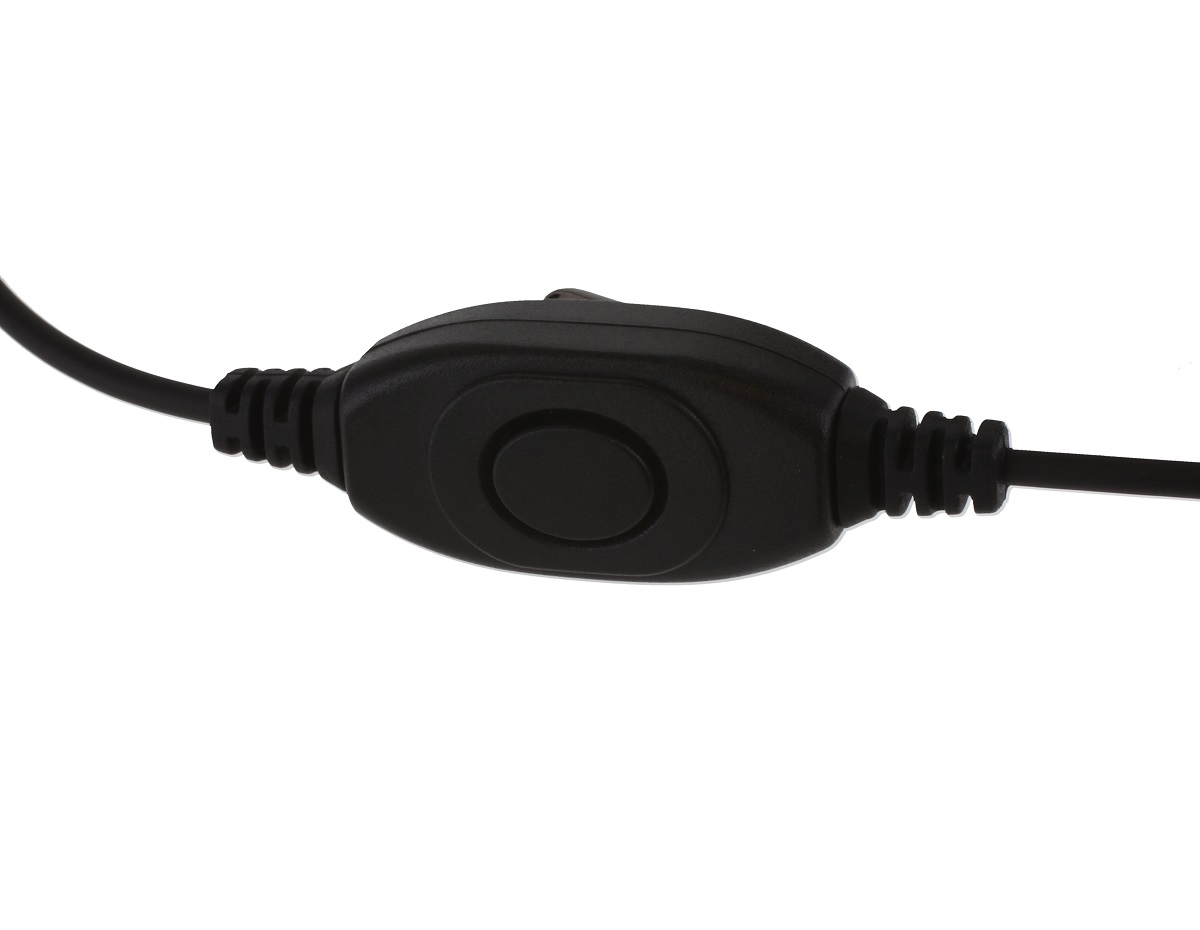 Black inline cable switch with a press button in the center.