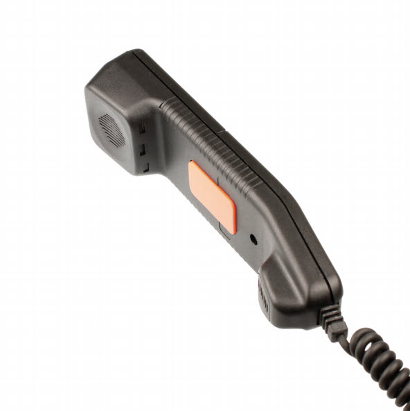 Black telephone handset with orange button and coiled cable.