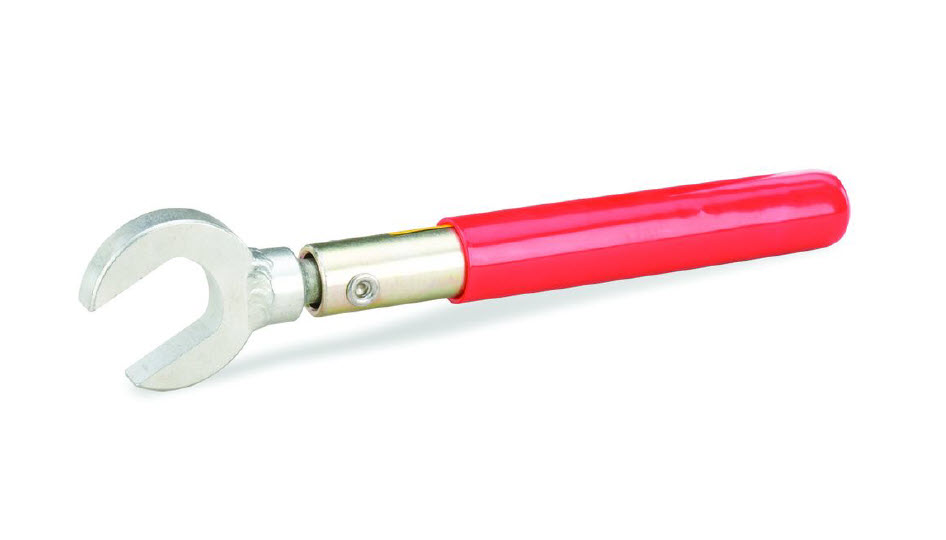 Red pipe wrench with adjustable C-shaped head.