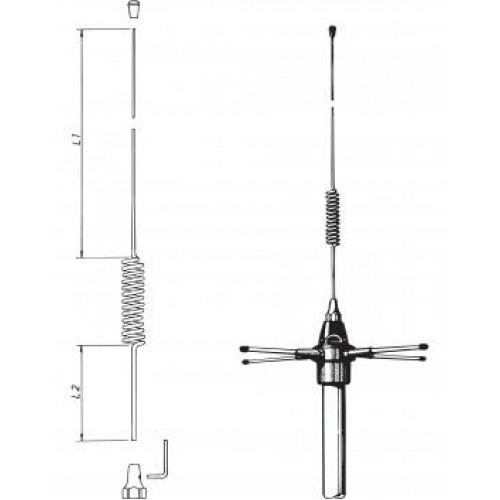 Lijntekening van een antenne met spiraalspoel en afmetingen in millimeters.