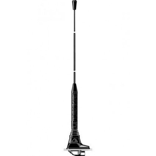 Antenne de voiture noire avec section médiane en spirale et pointe métallique.