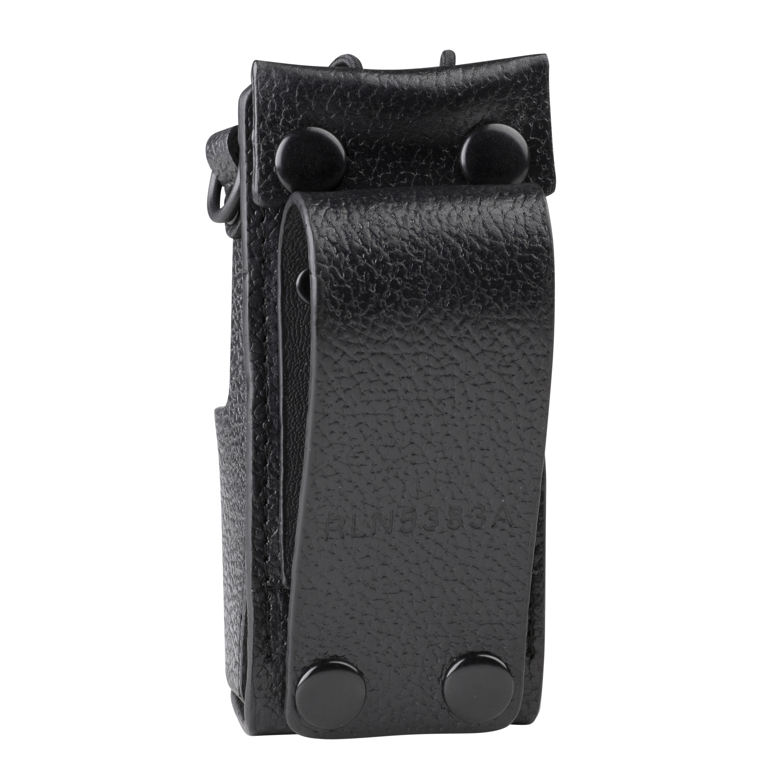 Support de ceinture noir avec boutons-pression, aligné verticalement.