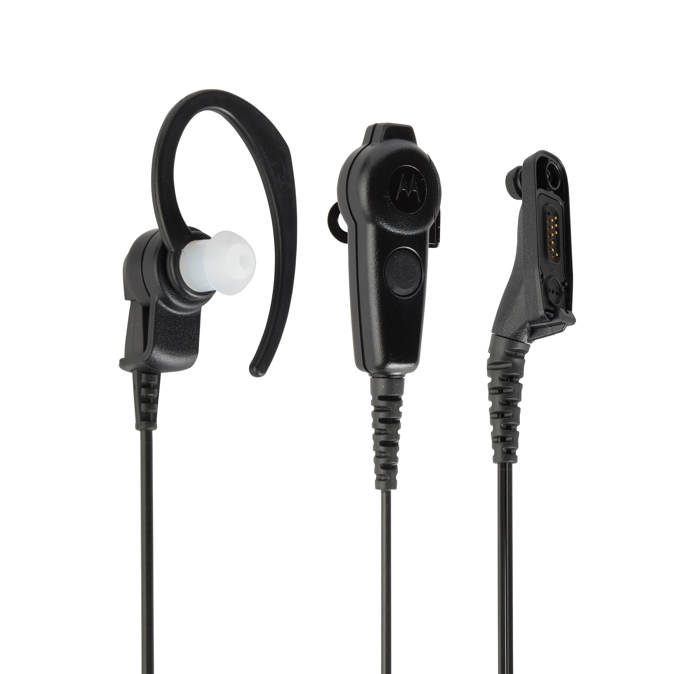 Black radio headset with silicone earbud, ear hook, and connector cable