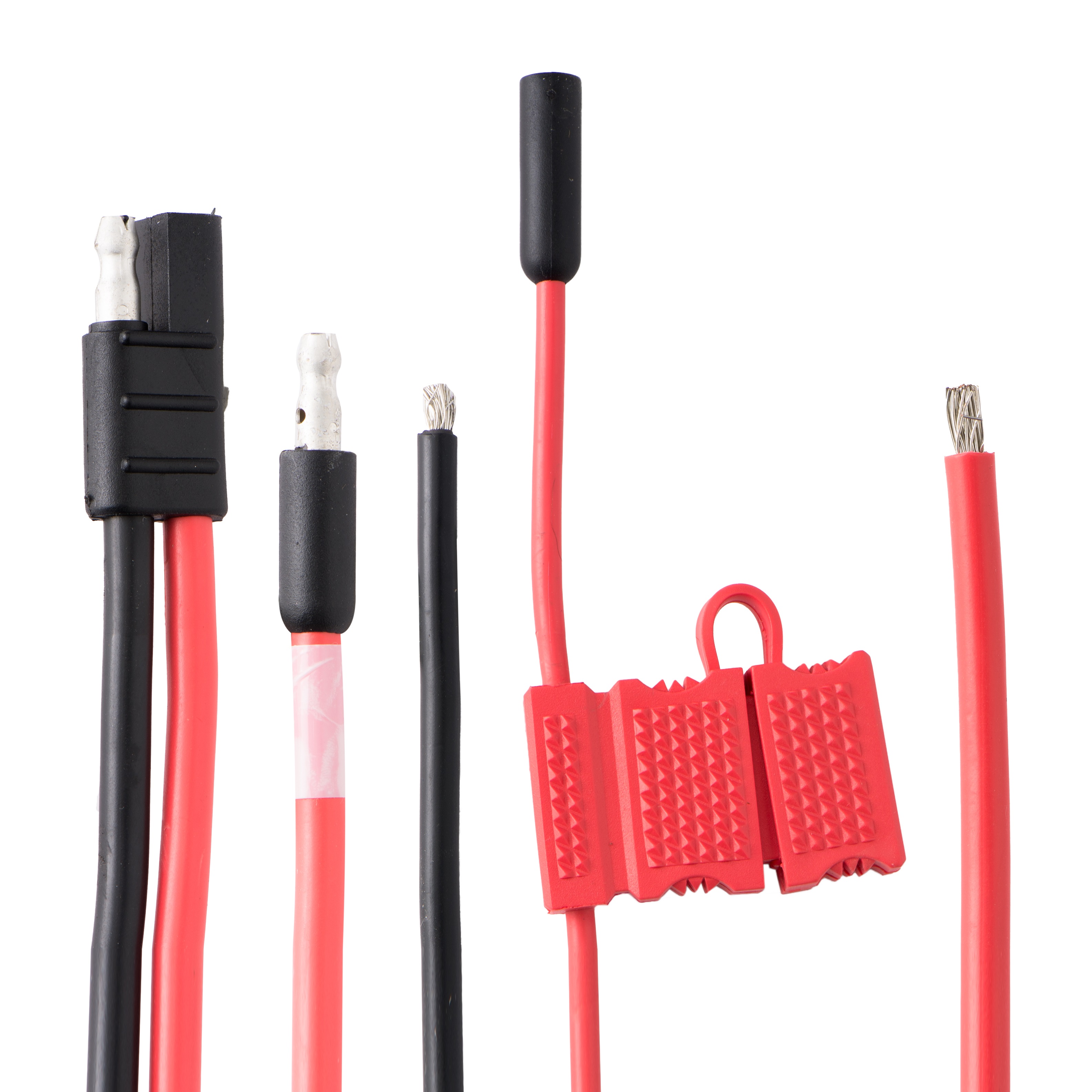Five red and black power cables with connectors and exposed wire ends.