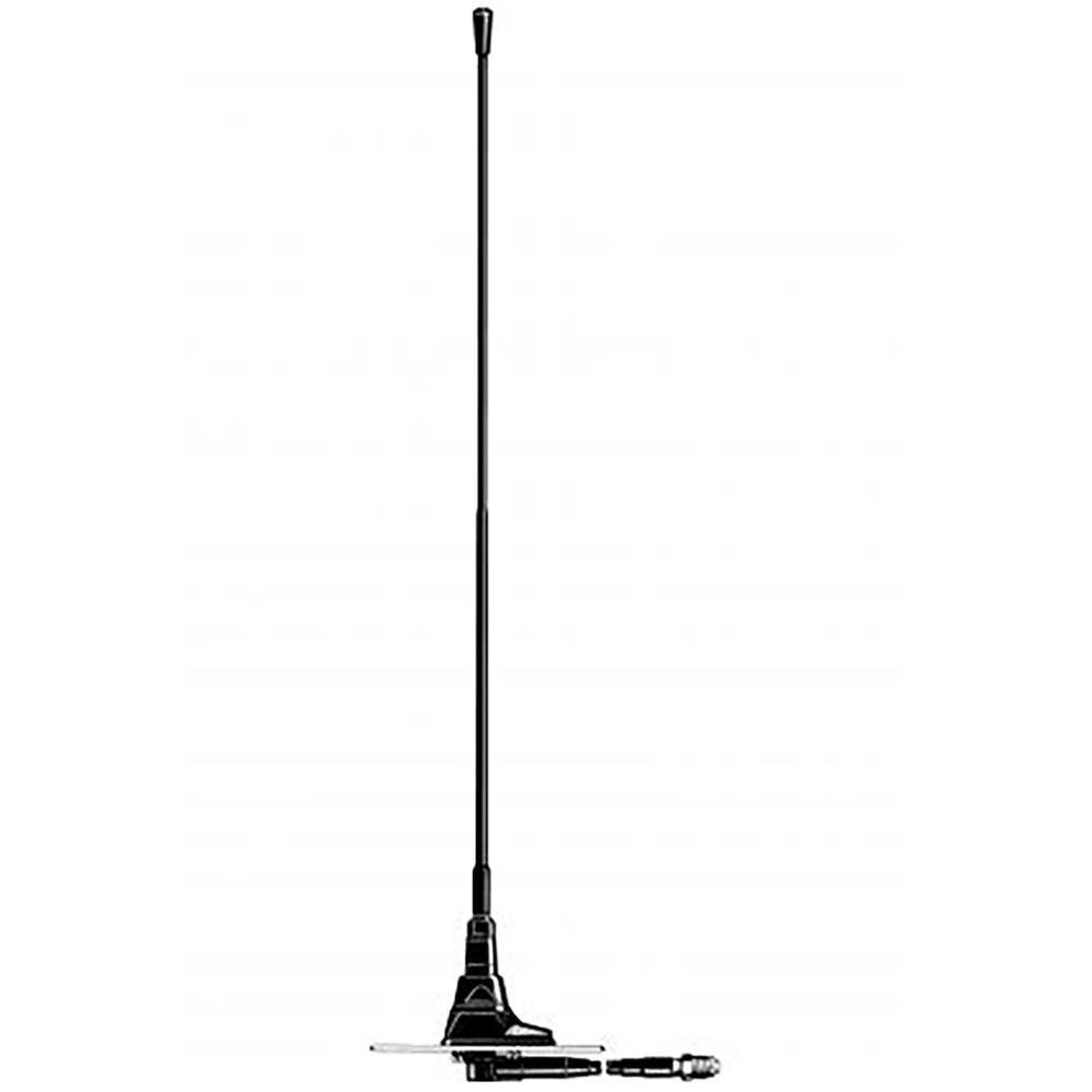 Zwarte dakantenne tegen witte achtergrond, hoge paal.