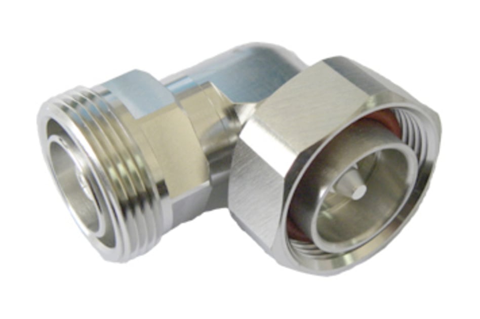Right angle RF coaxial adapter, metal, male to female.