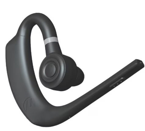 Black Bluetooth earpiece with flexible ear hook and microphone.