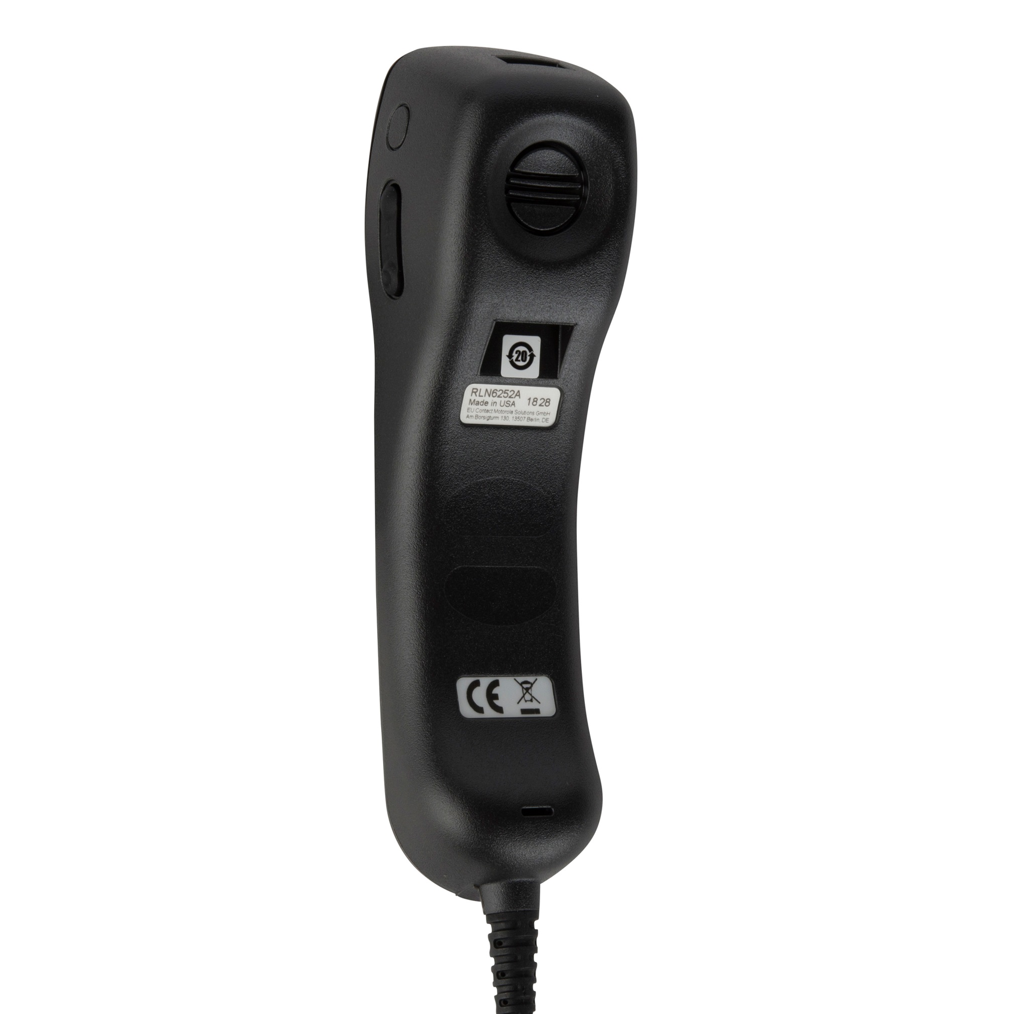 Zwarte telefoonhoorn, achteraanzicht met label en CE-markering onderaan.