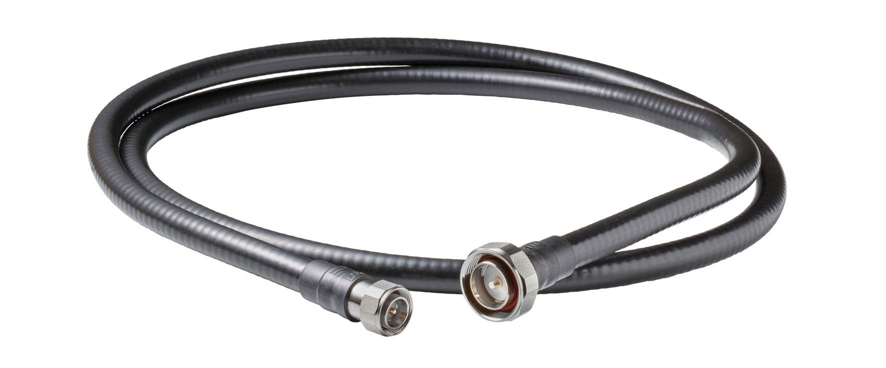 Black coaxial cable with two connectors, model number below.