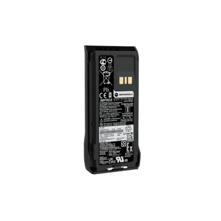 Black battery with safety and recycling symbols and technical information.