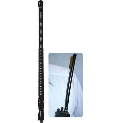 Flexible black radio antenna next to close-up of it attached to a device.