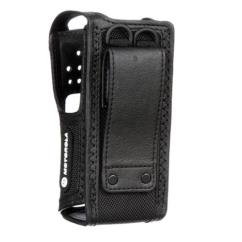 Holster en cuir noir pour radio avec passant de ceinture.