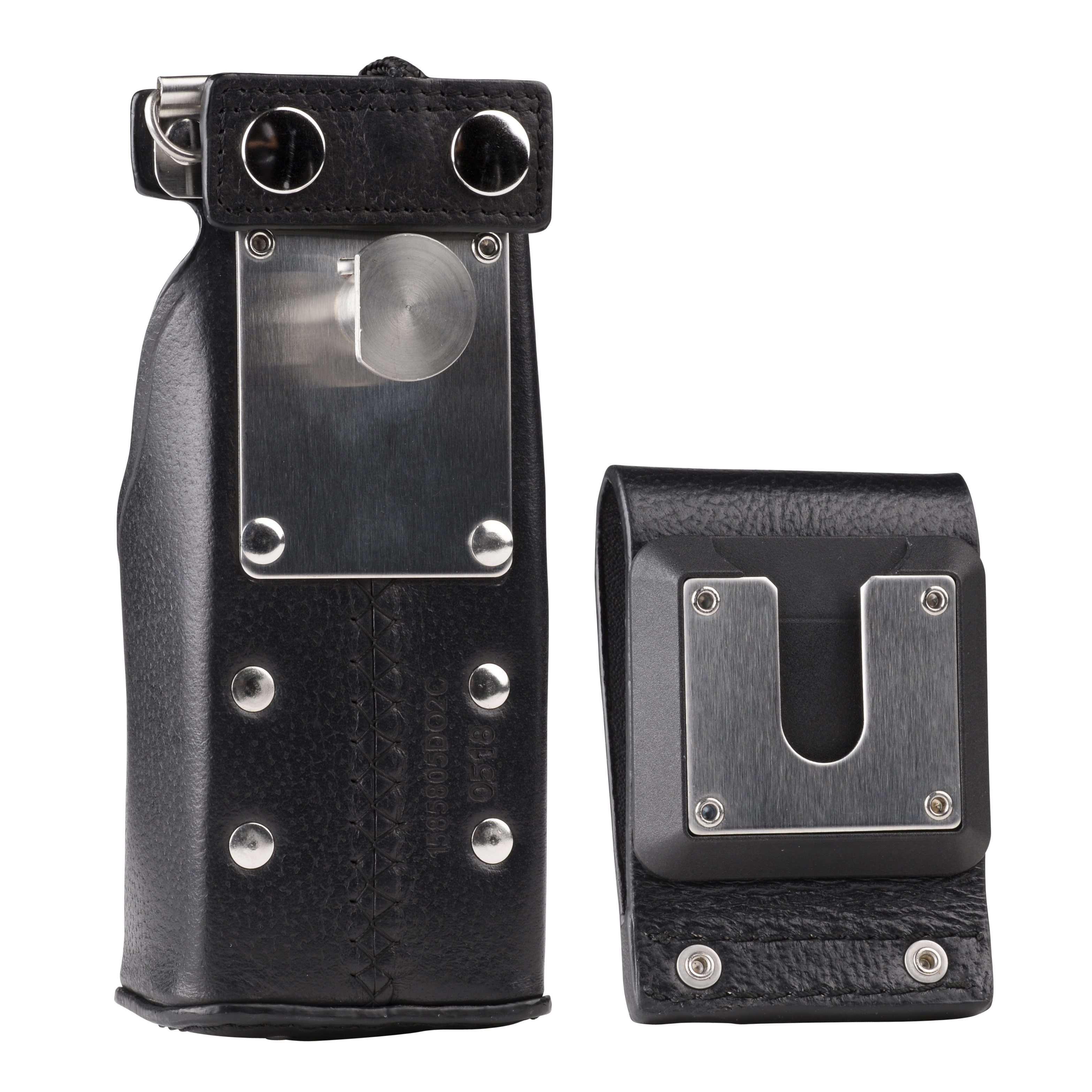 Two black leather holders with metal plates and fastenings.