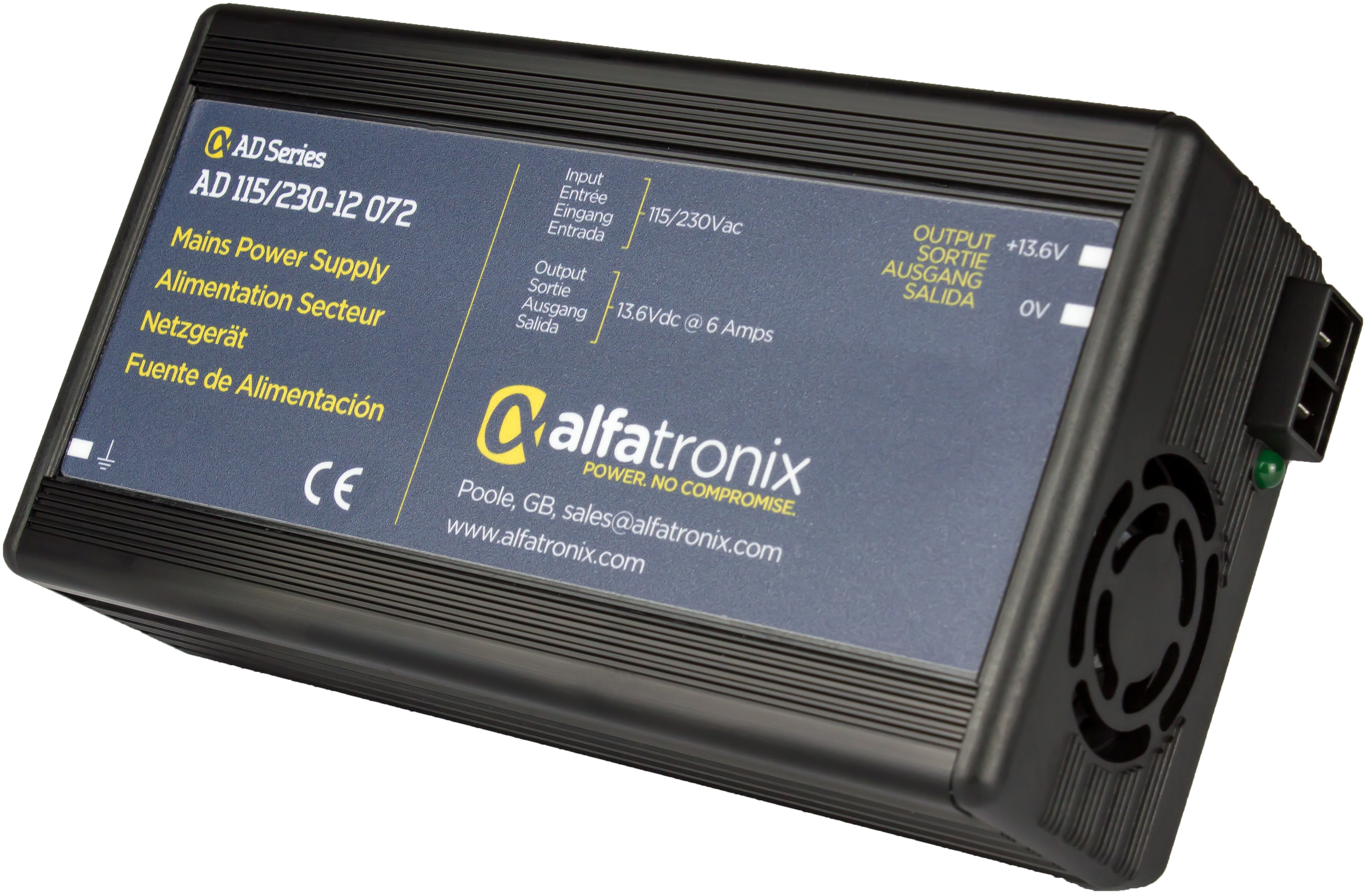 Alfatronix AD 115/230-12 072 voeding, invoer: 115/230V, uitvoer: 13,6V DC bij 6 A.