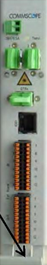 Technical device with ports, including fiber optic and electrical ports, labeled COMMSCOPE.