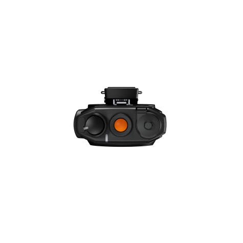 Zwarte camera met drie ronde lenzen, middelste lens oranje.