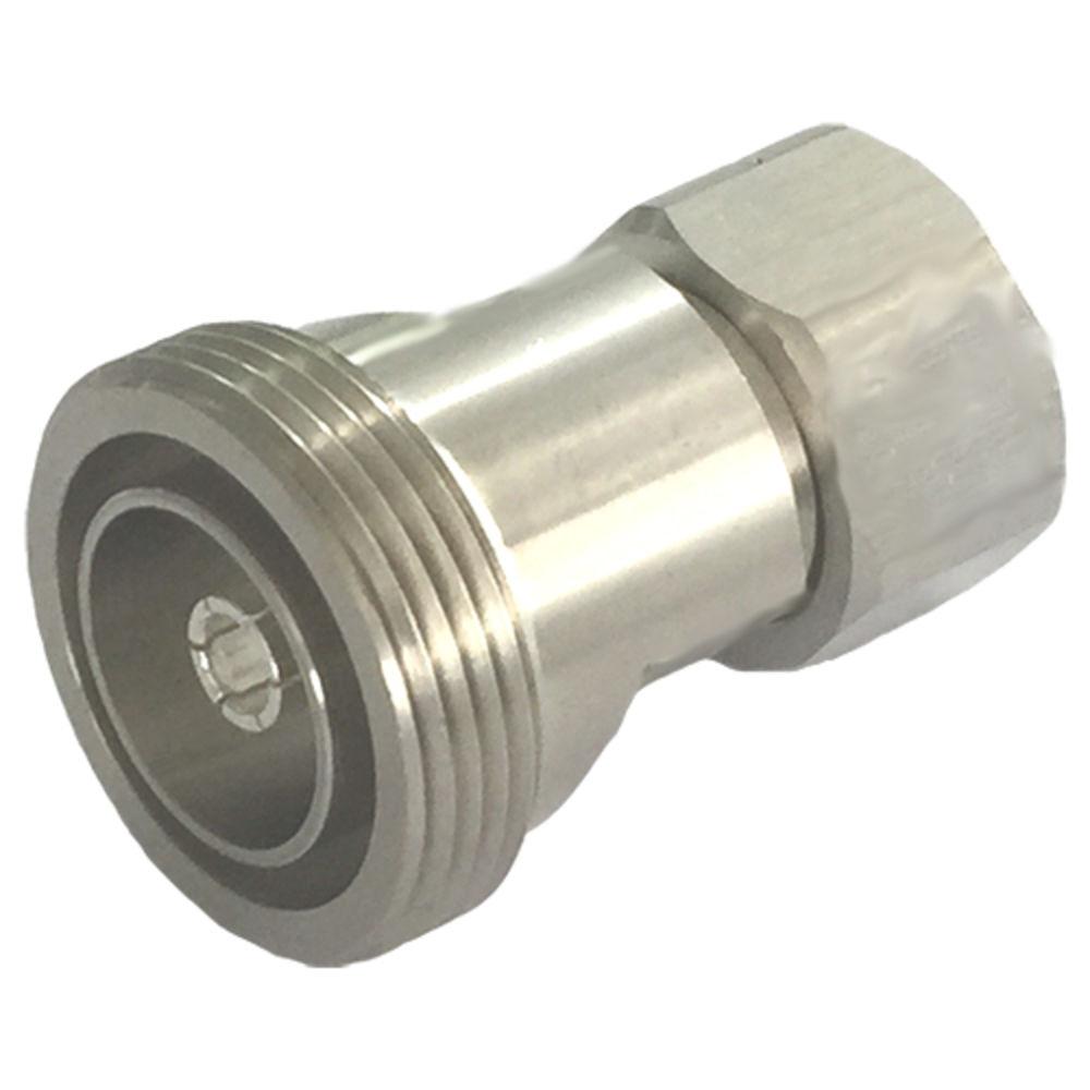 Metal connector with threading and hexagonal nut.