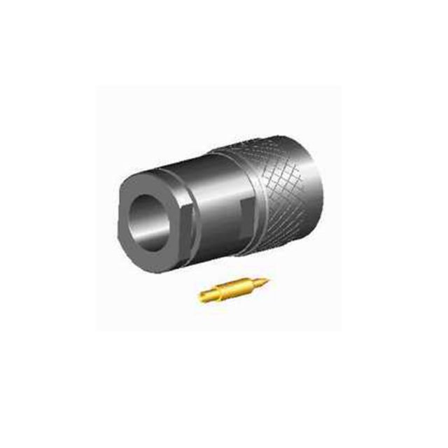 Metalen connector met geribbelde oppervlakte, naast een gouden pin.
