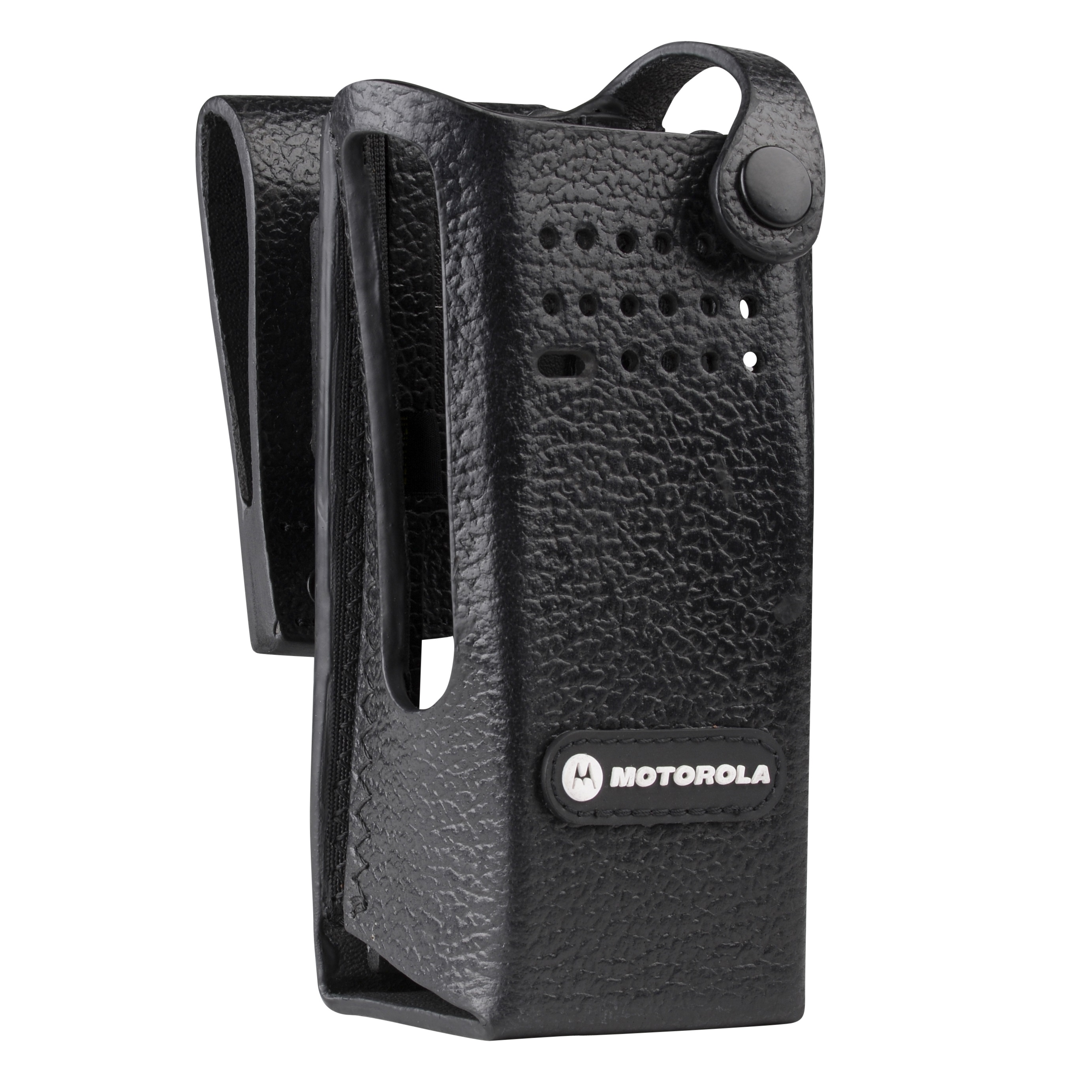 7000-00335300_mot_01.jpg Zwart leren hoes met geperforeerd design en Motorola-logo.