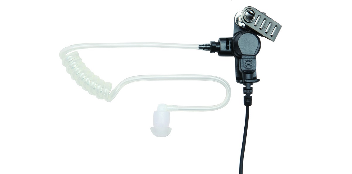 Transparante oortelefoon met kabel, metalen clip en spiraalslang.