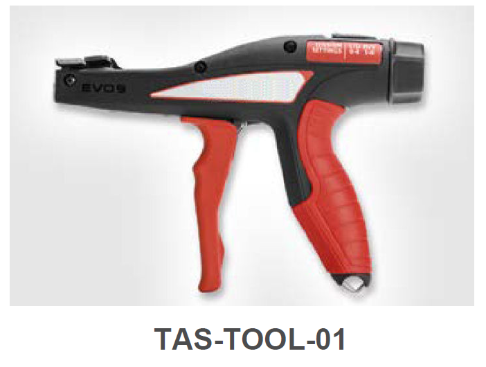 Manual tool with red handle and black frame, labeled TAS-TOOL-01.