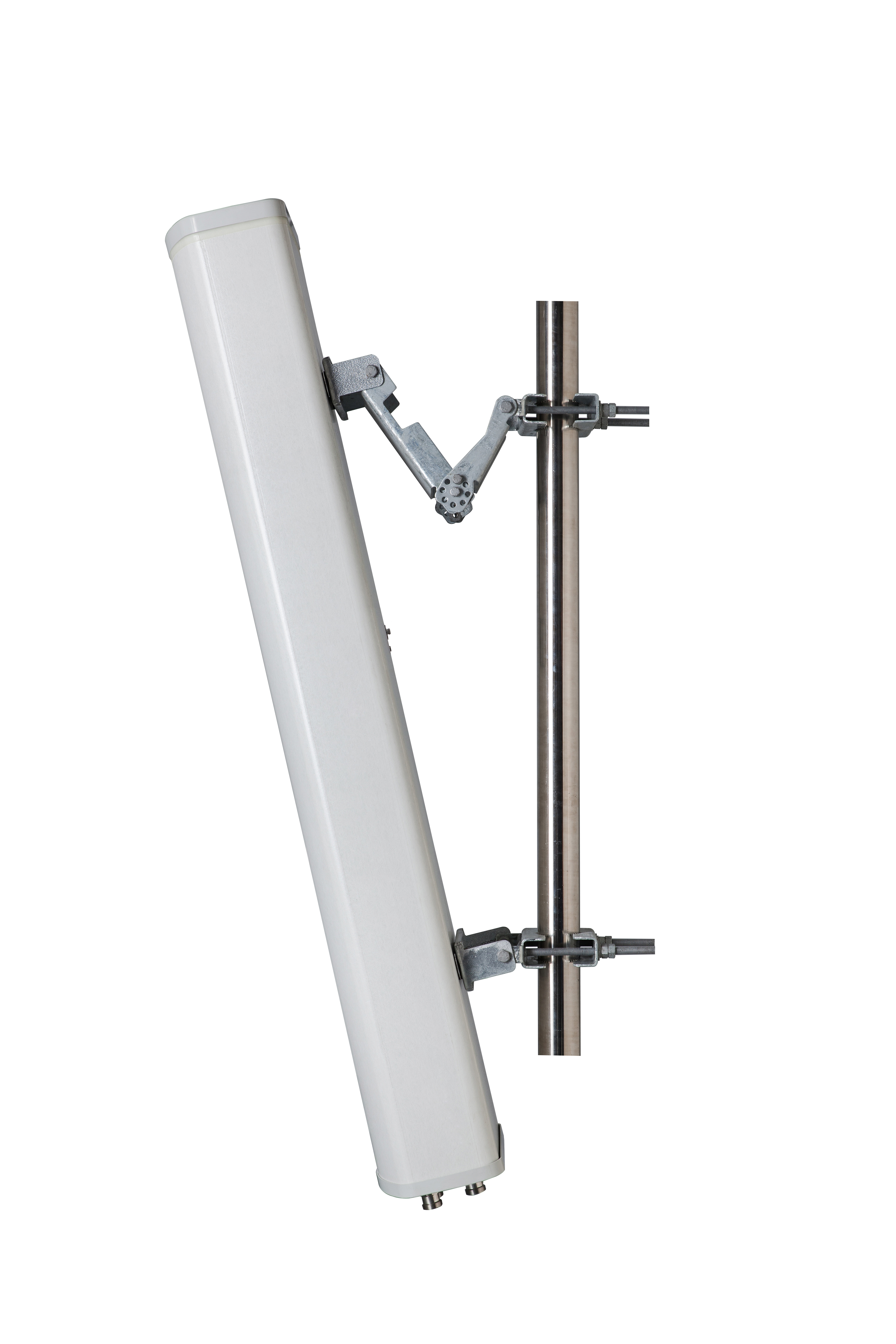 White antenna on metal pole, secured with clamps.