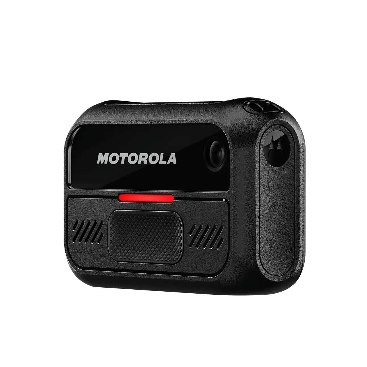 Zwarte Motorola bodycamera met rood detail.