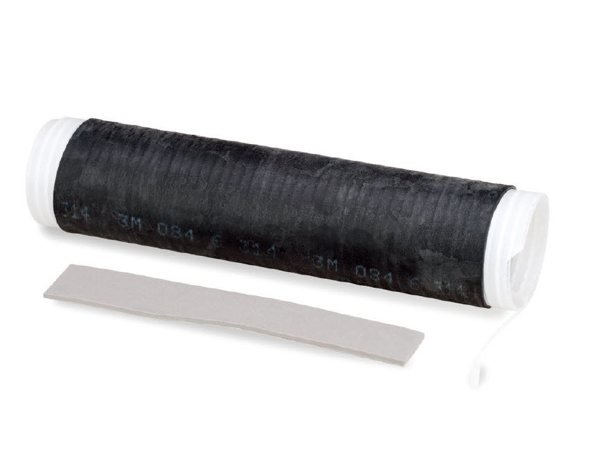 Black heat shrink tubing roll with white end and gray strip beside.
