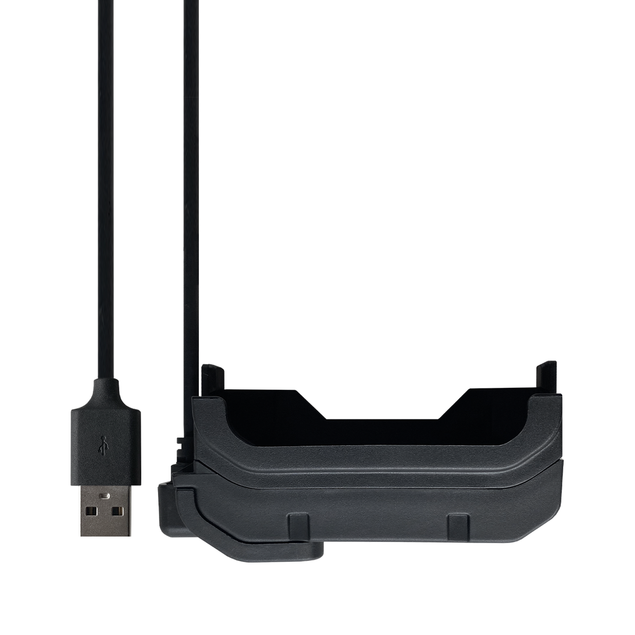 Black USB cable with connector attached to a base station.