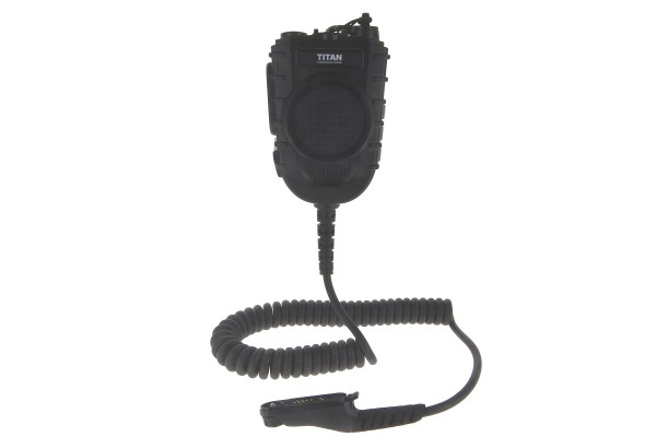 Black microphone with coiled cable and plug
